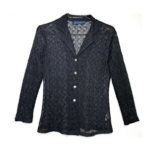 Vintage 90s Crochet Mesh Shirt Blouse Open Knit Semi Sheer Point Zero Black S